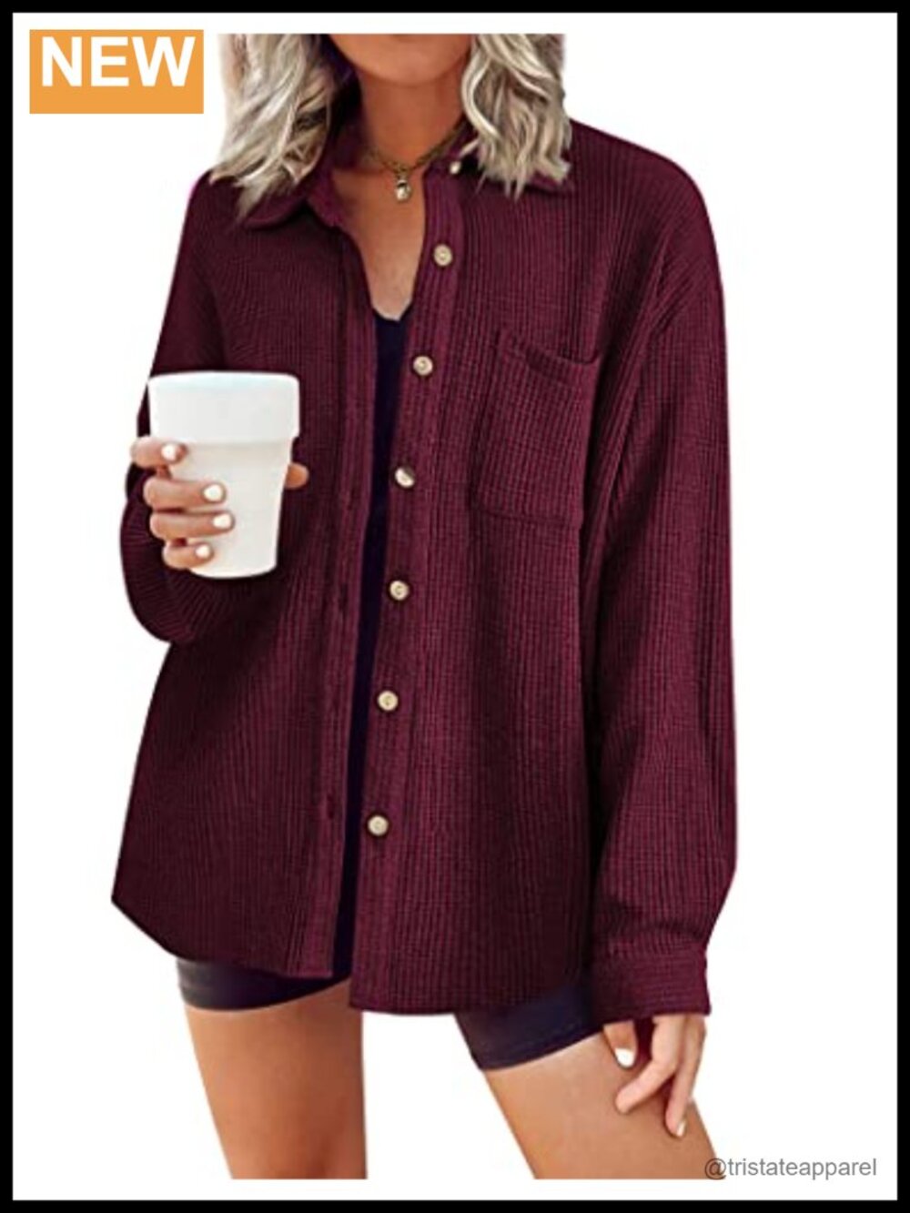 Waffle Knit Long Sleeve Button Down Shacket with Pockets